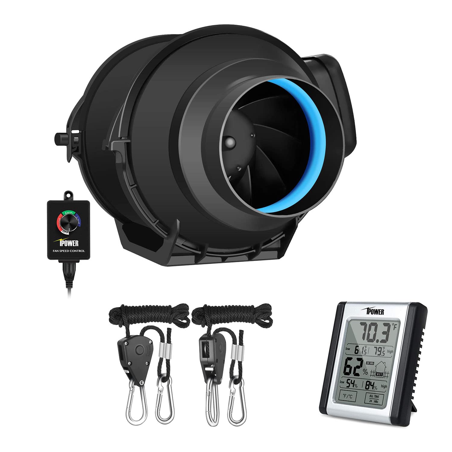 Ipower 4 Inch 118 Cfm Inline Duct Fan With Variable Speed Controller And Air Carbon Filter, Digital Hygrometer Thermometer, 8 Fe