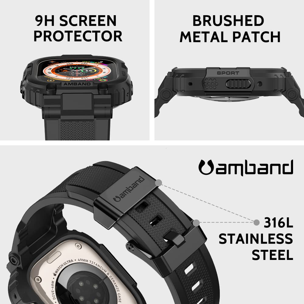Amband Bands Case Screen Protector Compatible With Apple Watch Ultra 2/1 49Mm, M1 Sport Series Rugged Cover Strap And 9H Tempere