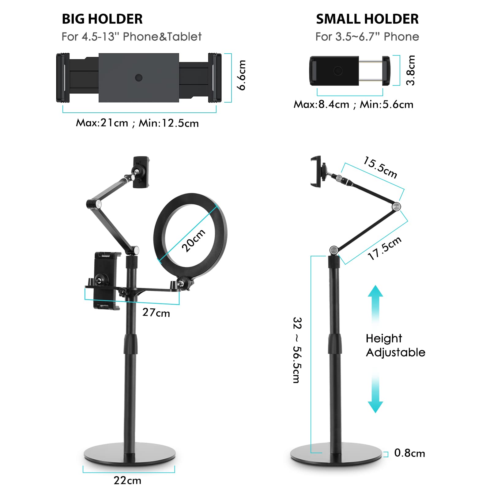 viozon 3 in 1 Selfie Desktop Live Stand, Height Adjustable/Overhead, 8' LED Ring Light, Compatible with 3.5 13' Tablet& Phone, Suitable for YouTube/Tiktok/Recording/Streaming/Online Meeting B