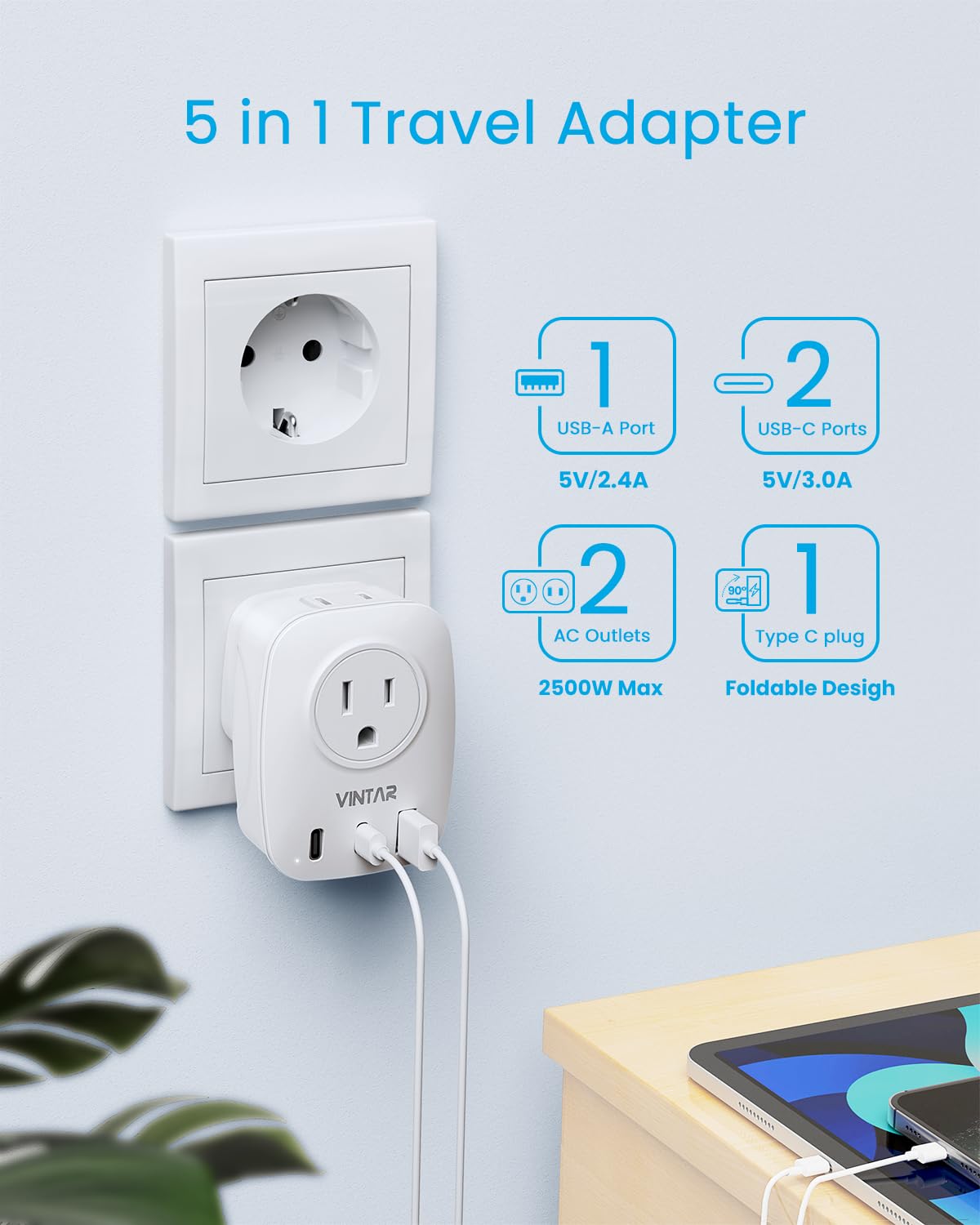 2 Pack European Travel Plug Adapter, Vintar Foldable International Power Plug With 2 Ac Outlets 3 Usb Ports(2 Usb C), Type C Tra