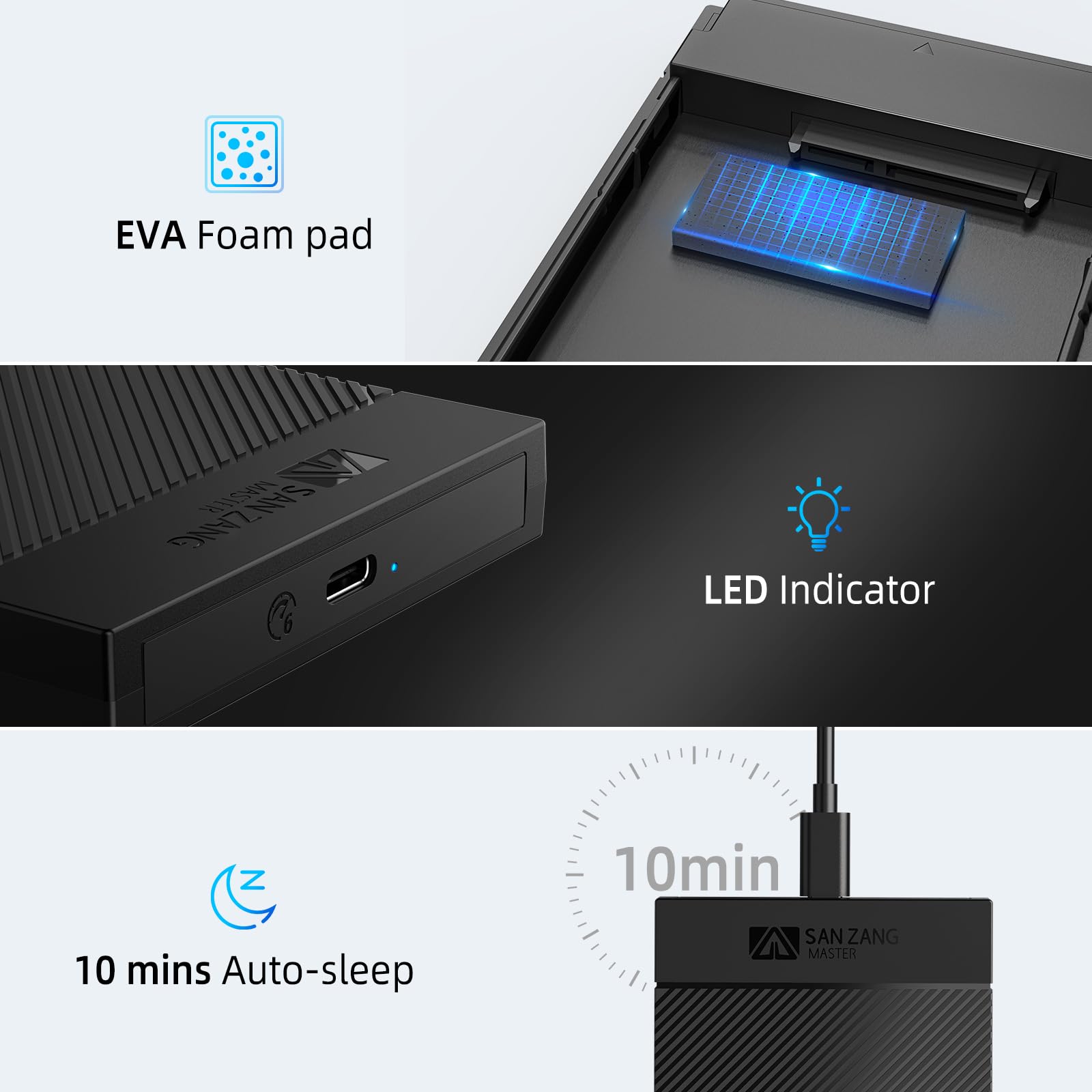 SAN ZANG MASTER 2.5 Inch Hard Drive Enclosure USB 3.1 Gen 1 to SATA III 6Gbps UASP Trim USB-C Black