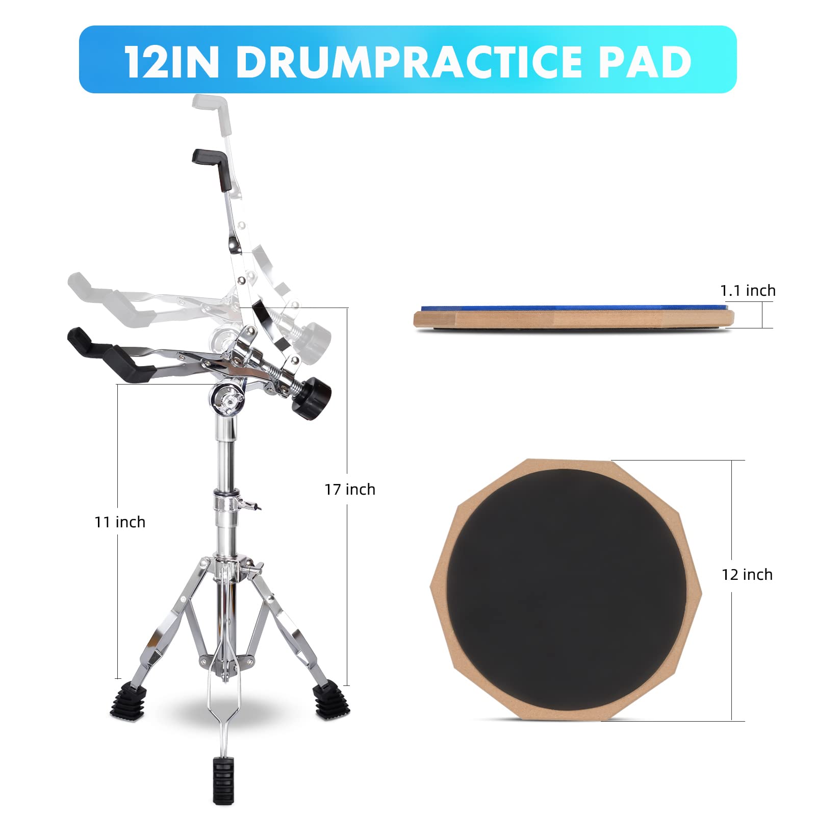 Drum Practice Pad Snare Drum Stand Set 12 In With Blue Double Sided Silent Drum Pad,Drum Dampeners Gel, Drum Sticks,Carrying Bag