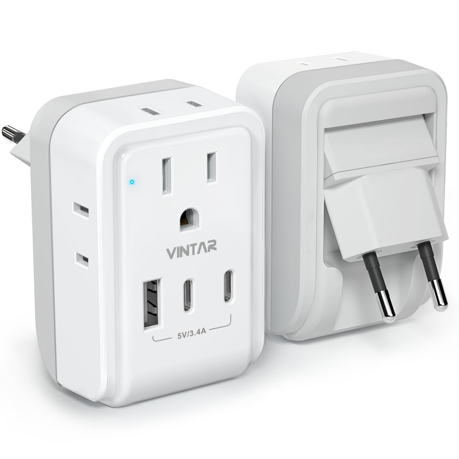 [1 Pack] European Travel Plug Adapter, Vintar Foldable International Power Adapter With 4 Ac Outlets 3 Usb Ports(2 Usb C), Type