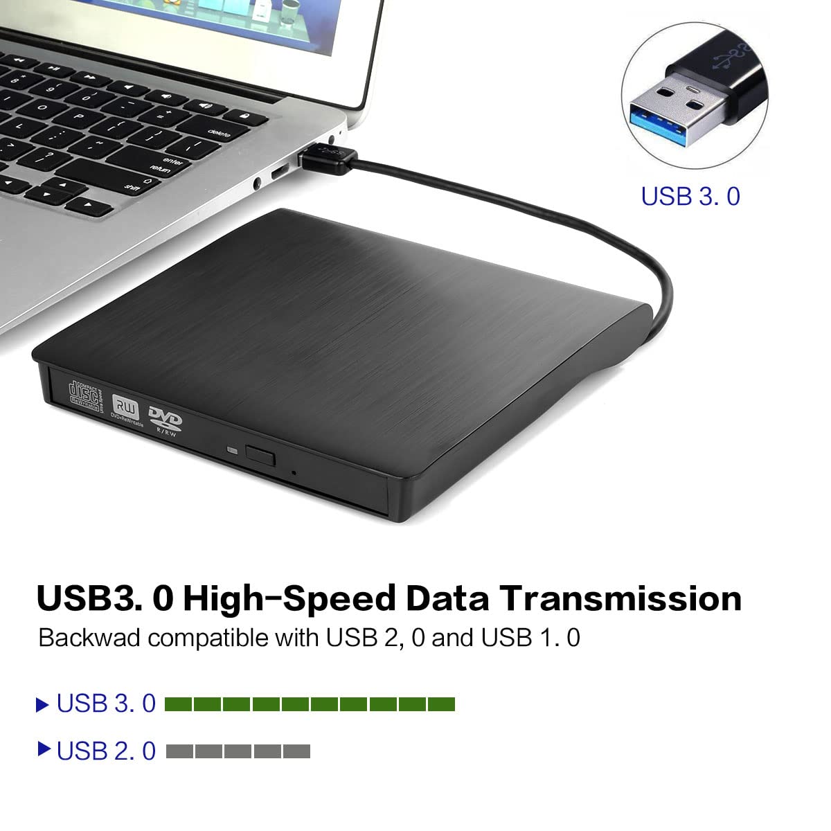 Intendvision External Cd Dvd Drive Usb 3.0 Portable Fits For Dvd R Dvd Rw Dvd+R Dvd+Rw Dvd Rom, Dvd Player, Cd Burner Black For