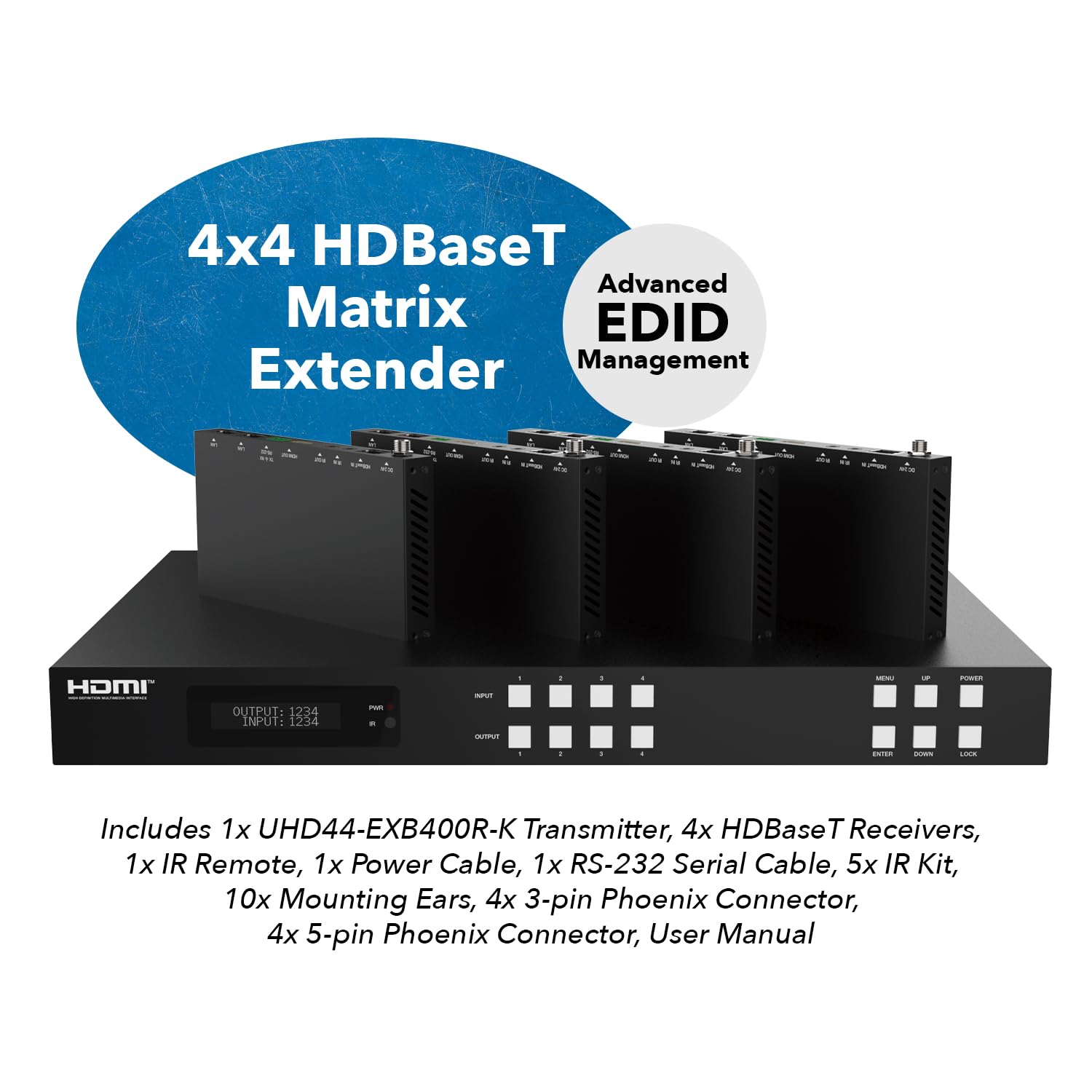 Orei 4X4 4K Hdmi Matrix Switcher Extender - Hdbaset Ultrahd 4K @ 60Hz 4:4:4 Over Single Cat5E/6/7 Cable With Hdr, Cec & Ir Contr