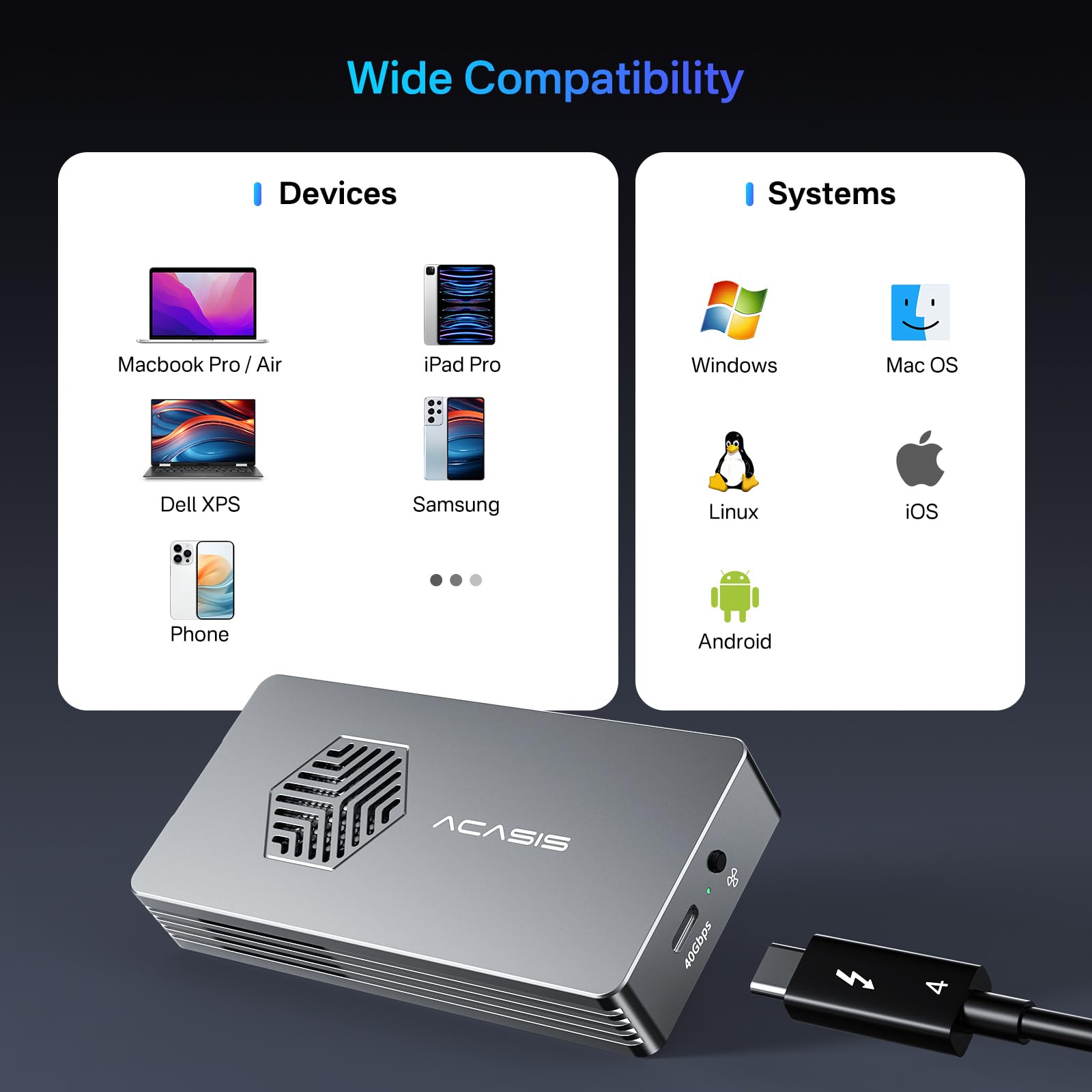 Acasis 40Gbps M.2 Nvme Ssd Enclosure With Cooling Fan, Tool Free Installation, Tbu 401 Pro For M1 M2 Pro/Max, Compatible With Usb4/3.2/3.1/3.0/2.0, Support Ssd Size 2280 B+M M Key (Ssd Not Include)