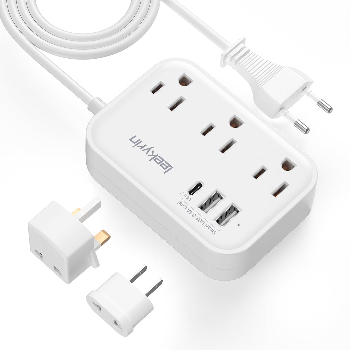 European Travel Plug Adapter, Us To Uk Europe Power Strip For Eu/Uk/Us With Usb C, 3 Usb Ports 3 Ac Outlets, 3Ft Extension Cord,