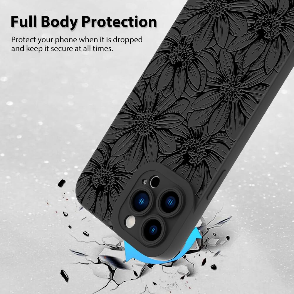 Mzelq For Iphone 13 Pro Case, Silicone Black Floral Flowers Sunflowers Cute Pattern, Camera Protection Soft Slim Phone Case For