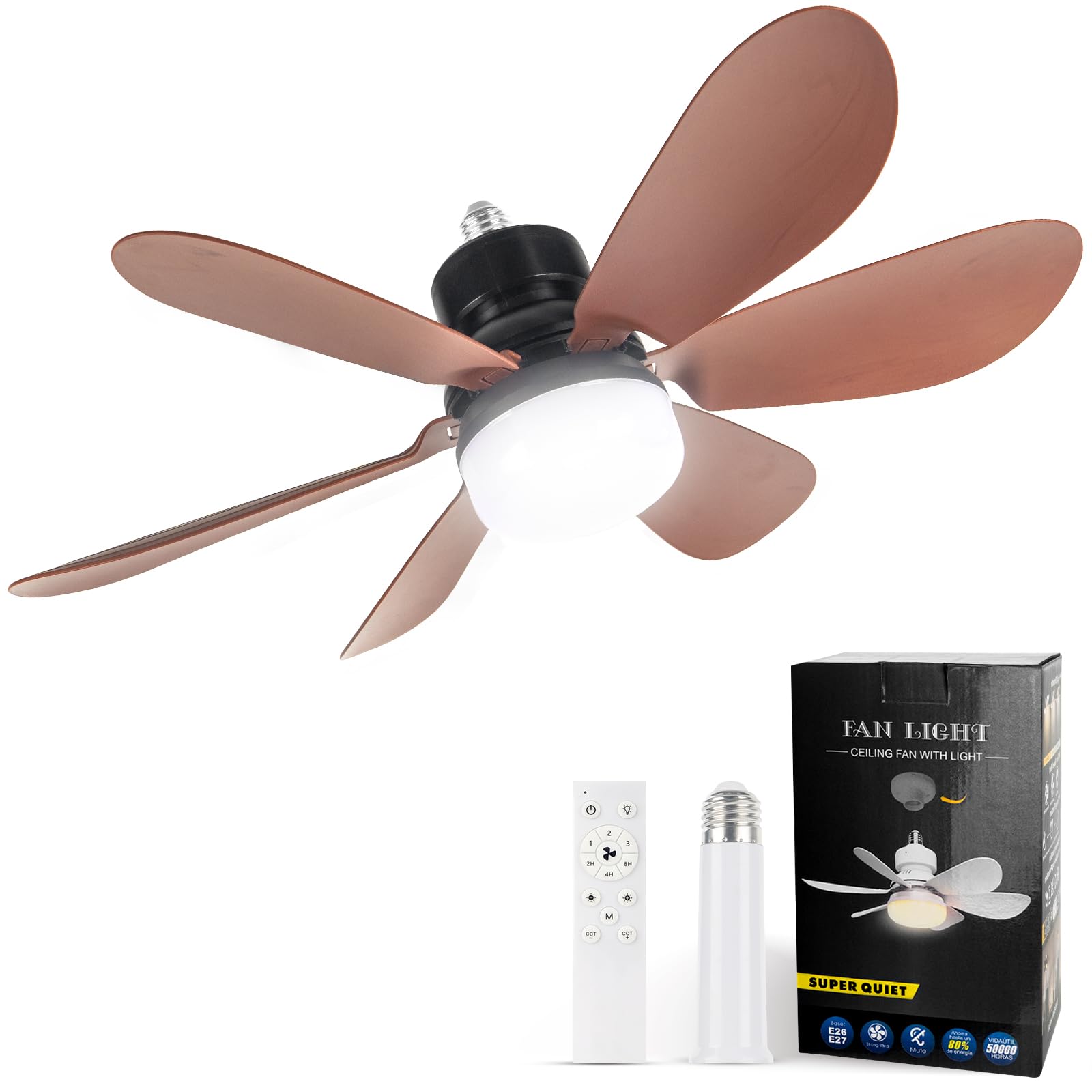 Socket Fan Light, Light Bulb Fan 20.5IN Dimmable, Screw in Socket Fan Ceiling Fan with Light for Garage, Kitchen, Basement (Wood