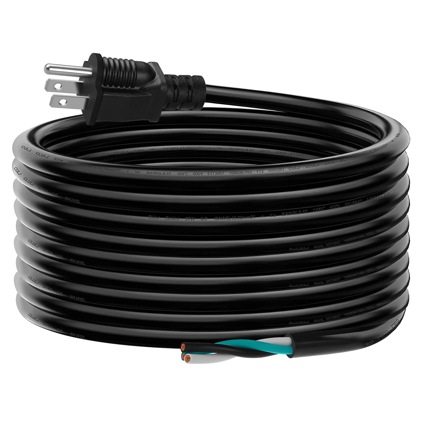 Lakczio 25 Ft 12 Awg 3 Prong Replacement Power Cord, 20 Amp 12 Gauge 3 Conductor Wire Extension Cable With Pigtail Open Wiring E