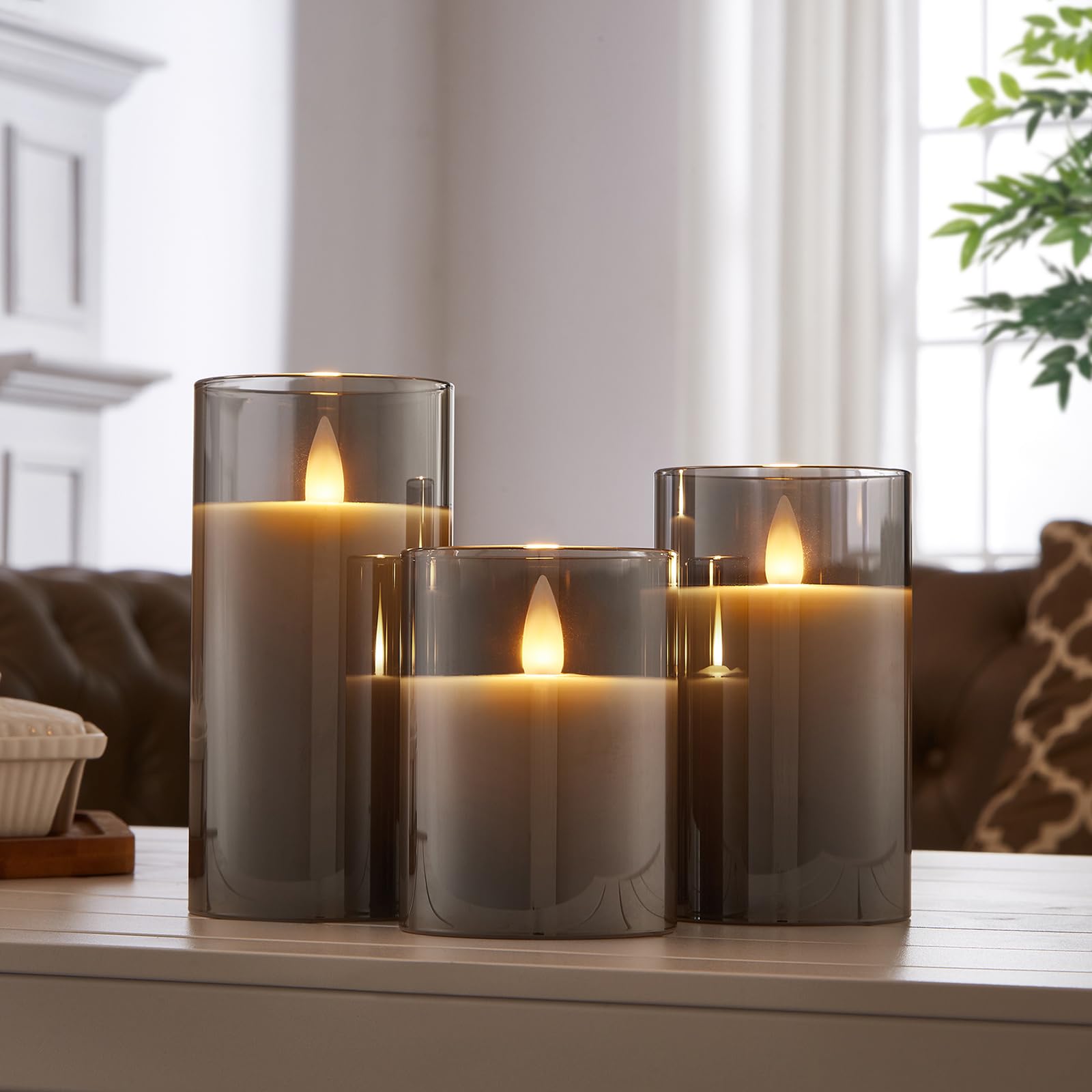 Cozierglow Glass Wax Flameless Pillar Candles Flickering With Remote Timer, Battery Operated Led Candles Up To 400 Hours,3D Movi