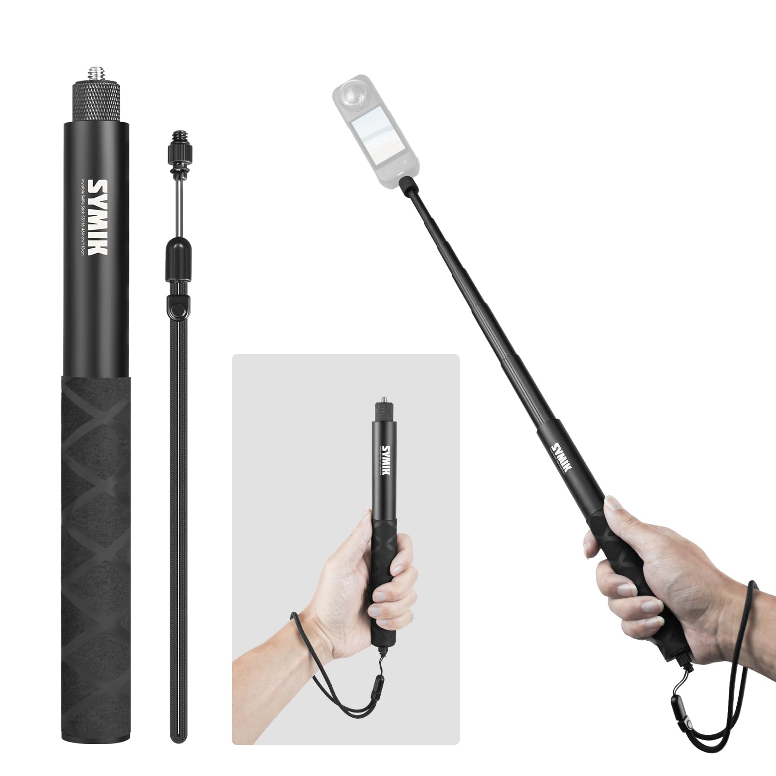SYMIK Invisible Selfie Stick for Insta360 (120cm/47.2in), Aluminum Alloy Extension Stick Portable Extendable Monopod Pole with 1