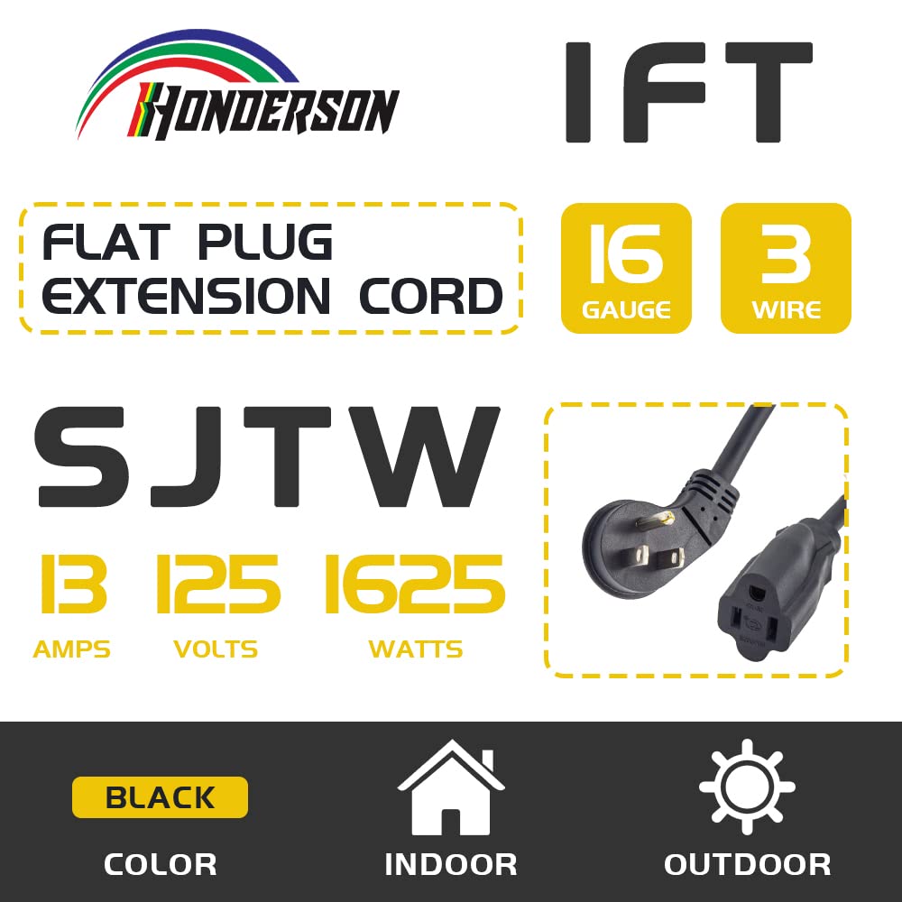Honderson 3 Pack Flat Plug Indoor Extension Cord, Ul Listed, 16 Gauge 1Ft Black 3 Prong Heavy Duty Extension Cord, 16/3 Sjtw 13A