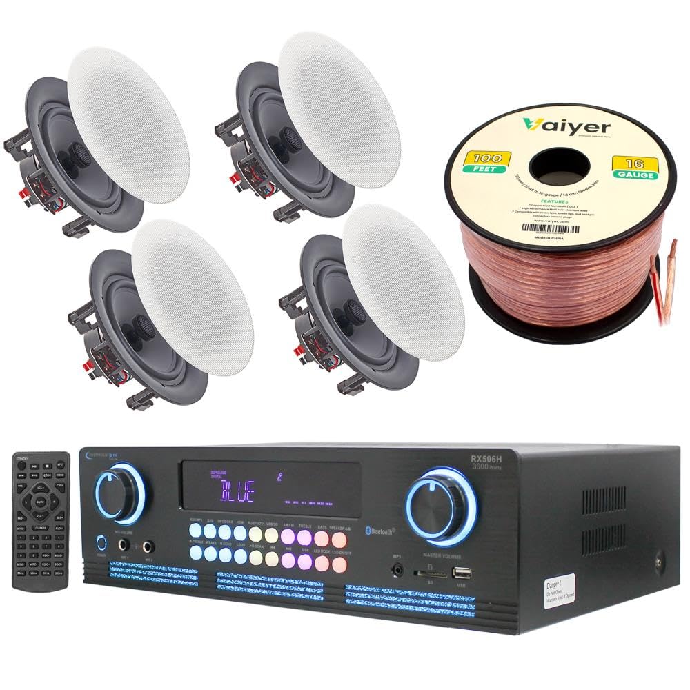 Technical Pro Home Theater System Kit 2000 Watts Bluetooth Amplifier with 4 Qty 5.25 175 Watts in-Wall in-Ceiling Frameless Spea