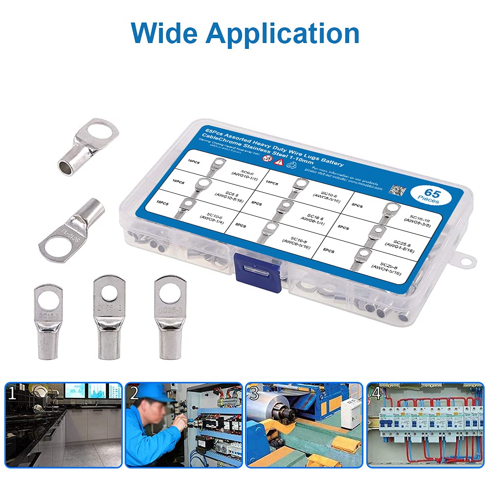 Mmobiel 65Pcs Assortment Battery Cable Ends Heavy Duty Wire Lugs (Awg) Bolt Hole Tinned Copper Connector Set Wire Cable Lugs Rin