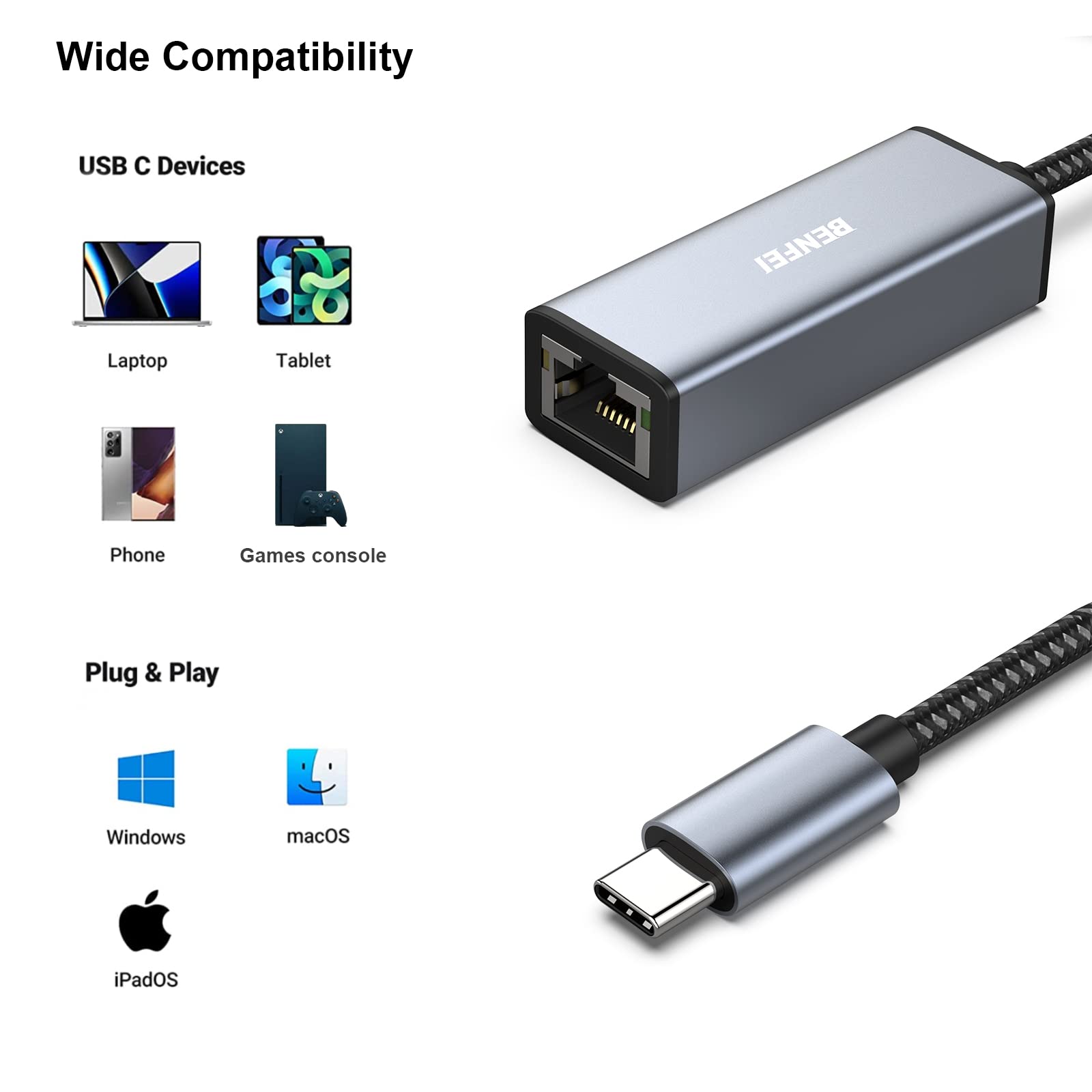 Benfei 2 Pack Usb C To Ethernet Adapter, Usb Type C (Thunderbolt 3/4) To Rj45 Gigabit Ethernet Lan Network Adapter Compatible Wi