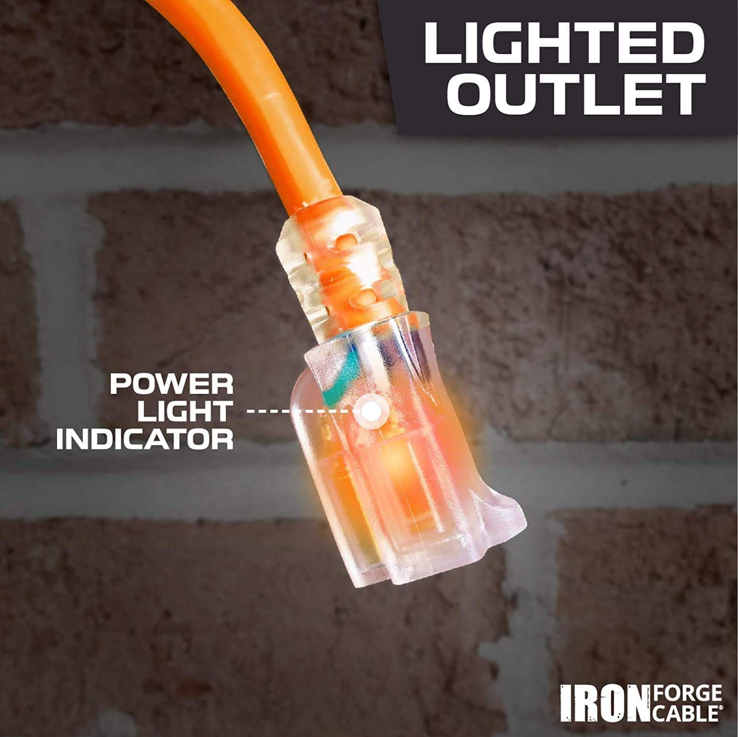 Iron Forge Cable 50 Foot Lighted Outdoor Extension Cord   10/3 Sjtw Orange 10 Gauge Extension Cable With 3 Prong Grounded Plug F