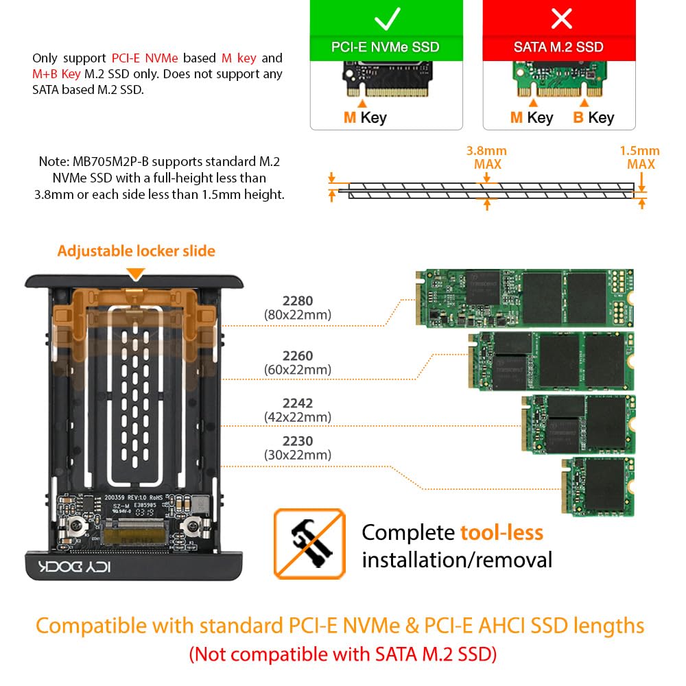 Icy Dock Tool Less M.2 Pcie 3.0/4.0 Nvme Ssd To 2.5'' U.2 (Sff 8639) Ssd Converter Adapter With Heatsink Cover   Ezconvert Mb705
