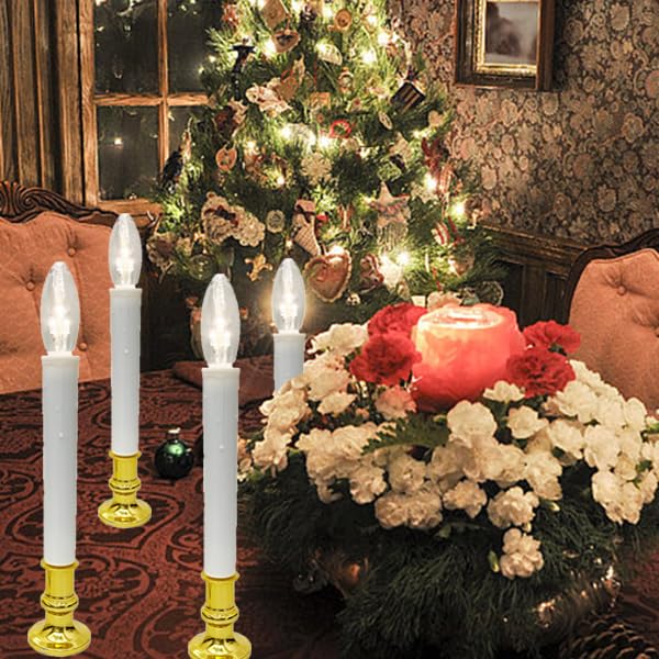Bokoiuu Wireless Window Candle Light, 4 Pack Battery Operated Led Christmas Candles Lights With Gold Candlestick Base, C26 Led B