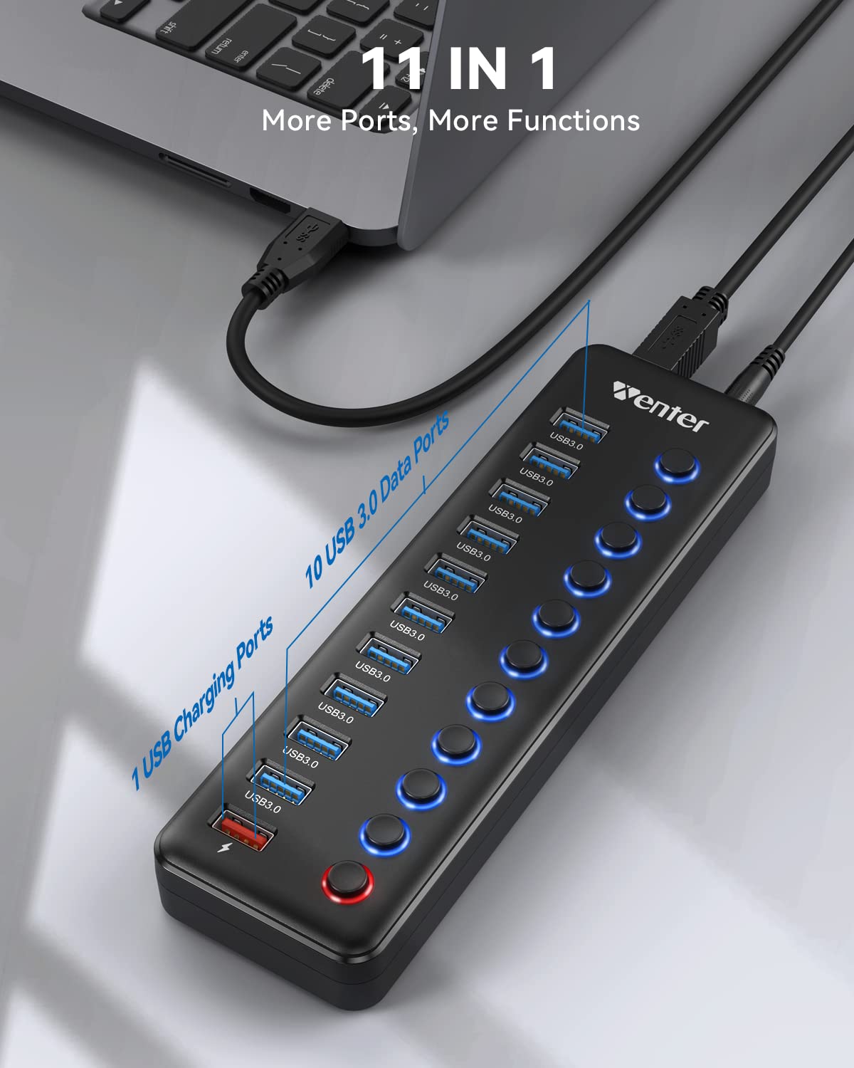Powered Usb Hub, Wenter 11 Port Usb Splitter Hub (10 Faster Data Transfer Ports+ 1 Smart Charging Port) With Individual Led On/Off Switches, Usb Hub 3.0 Powered With Power Adapter For Mac, Pc
