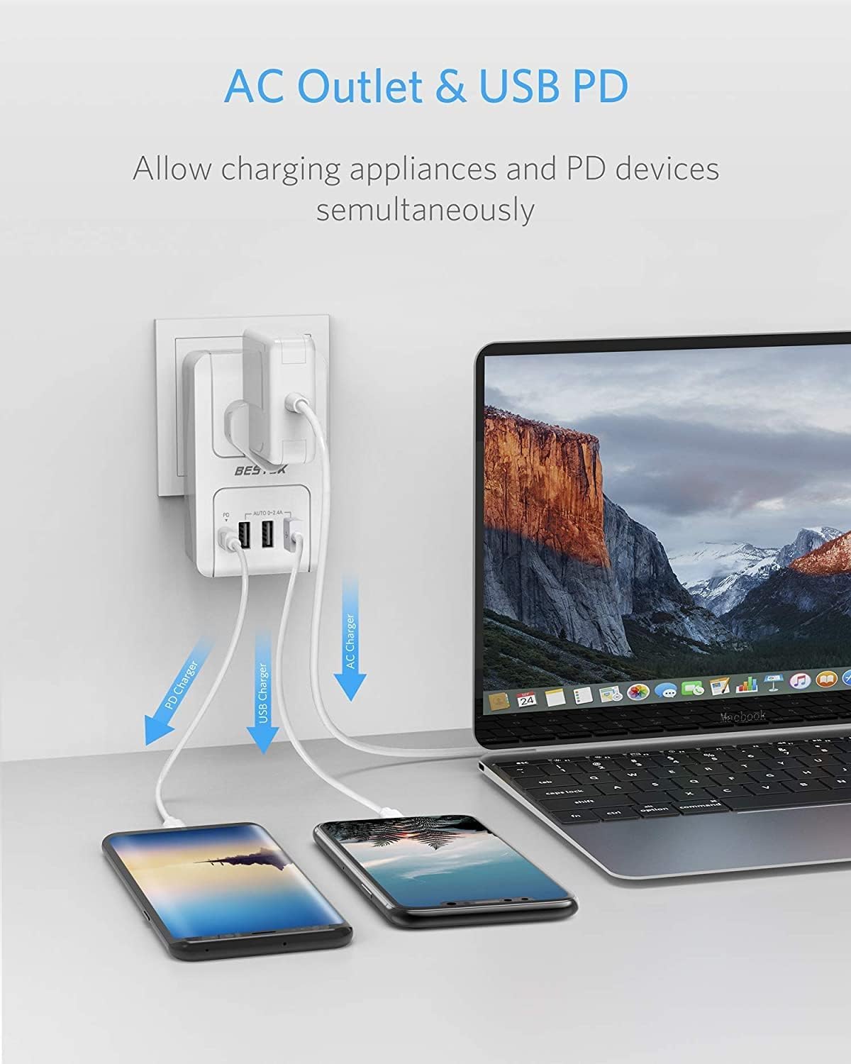 Bestek International Travel Adapter, 3000W Converter Travel Adapter For Hair Dryer, Curling Iron Usb Travel Wall Charger With Worldwide Wall Plugs For Us, Eu(Pd35W,1004, White)