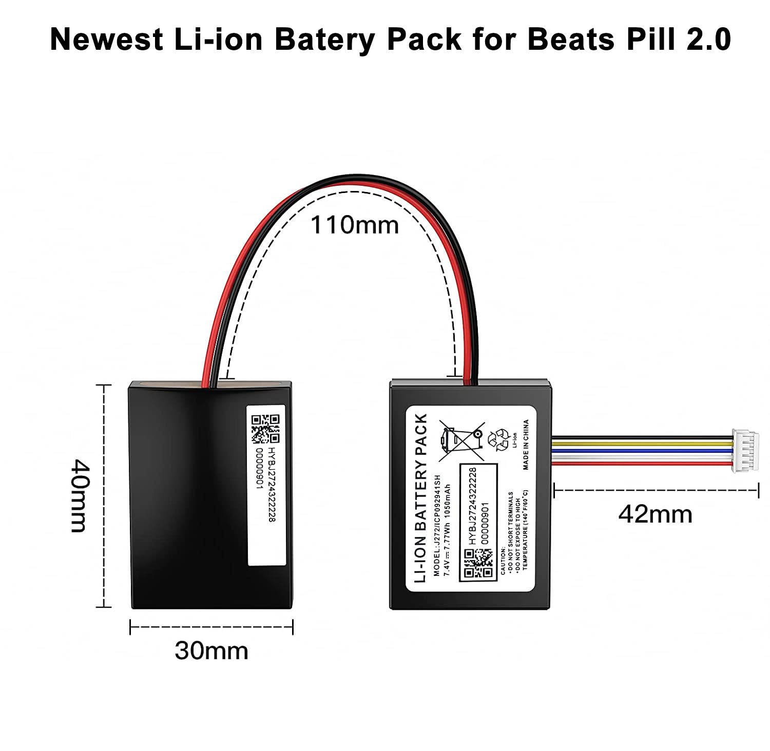 Hixon Replacement Battery For Beats Pill 2.0,Specially Designed 7.4V 1050Mah Li Ion Battery, Built In Intelligent Ic, Fits J272/