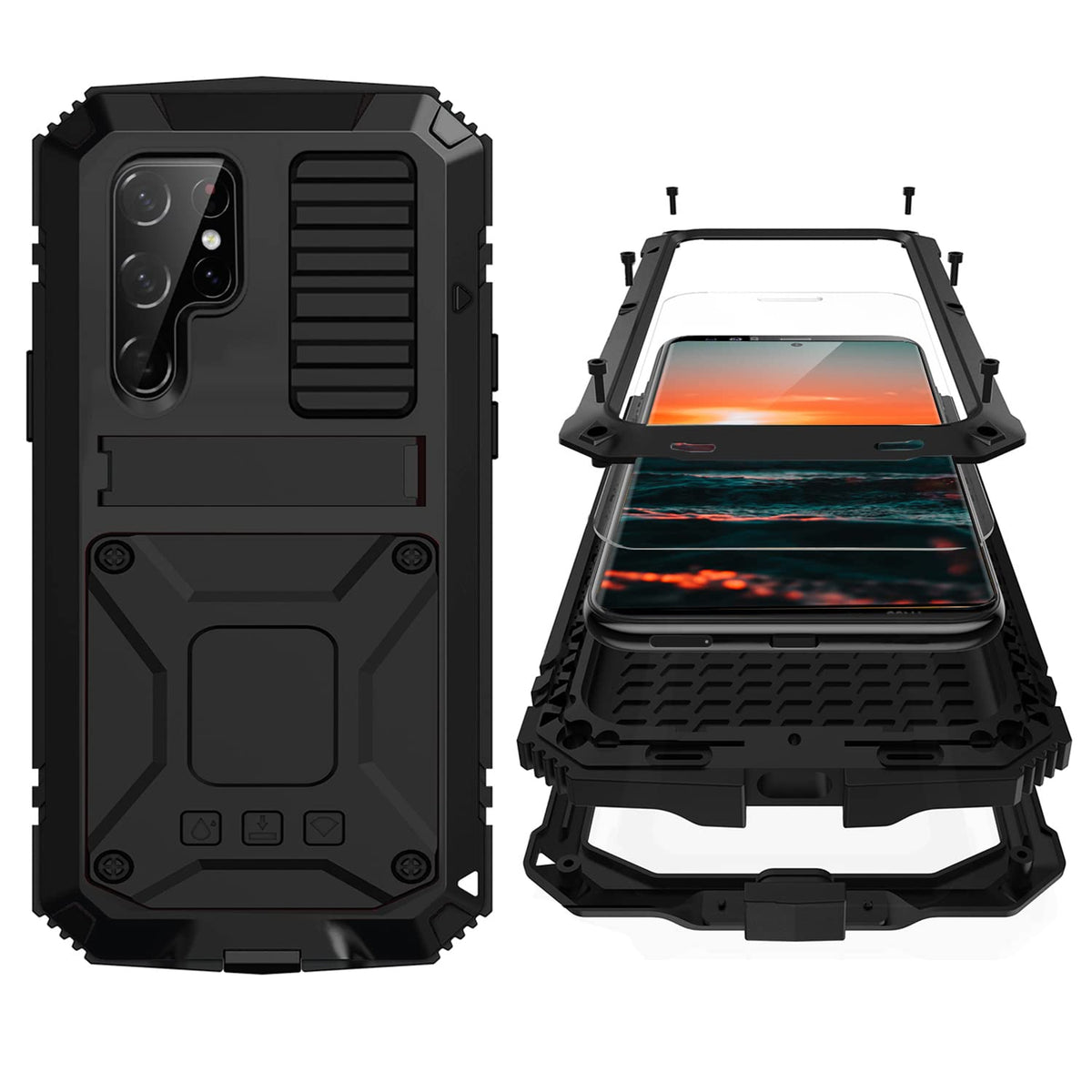 Simicoo Samsung S20 Ultra Metal Bumper Silicone Case Military Shockproof Heavy Duty Rugged Case Built In Screen Protector Stand