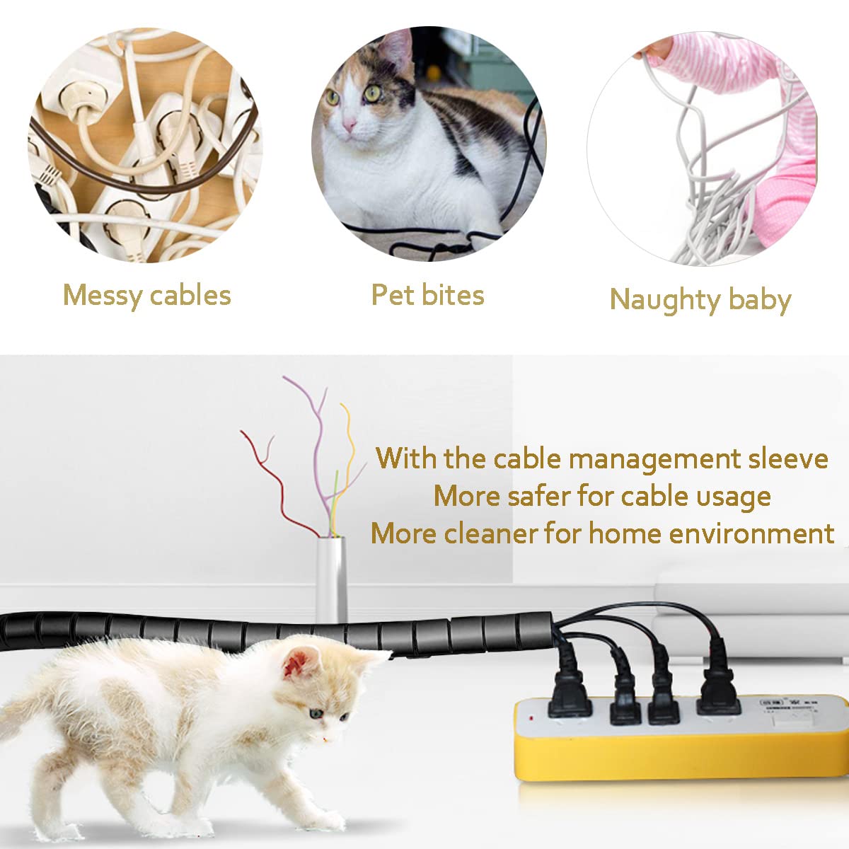 Fanoshon Black Computer Cable Management Sleeve Tube Under Desk Cord Organizer, 7/8 Inch  5 Ft Cover Wrap Easy To Install Messy