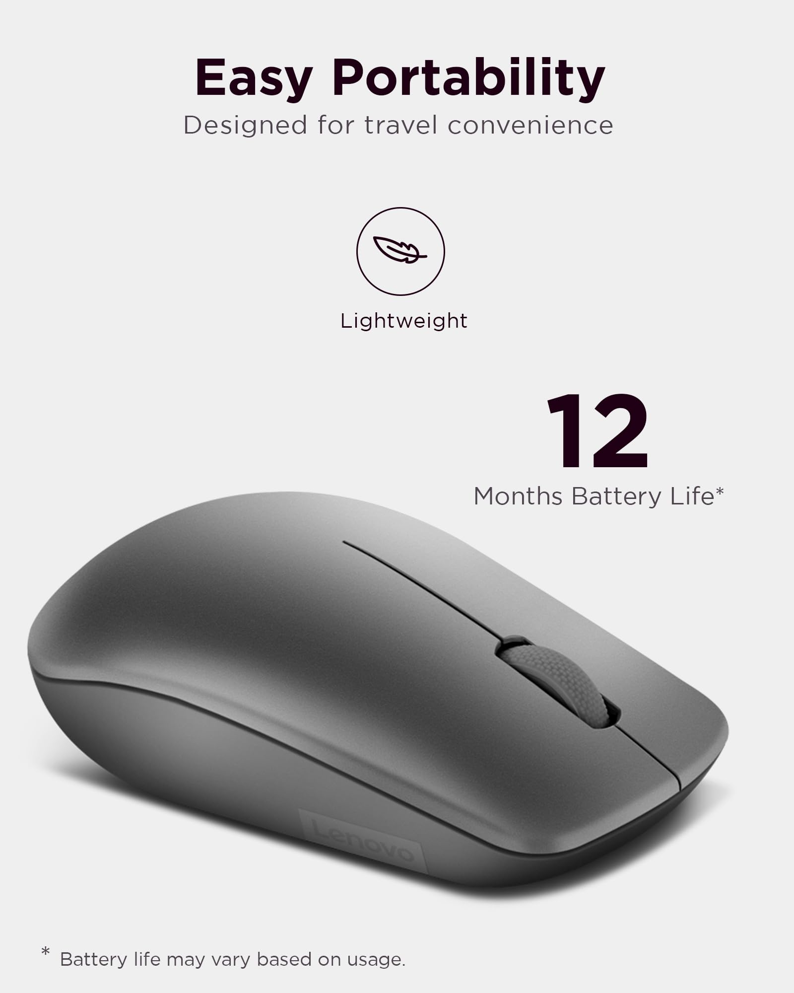 Lenovo 530 Wireless Mouse With Battery, 1200 Dpi Optical Mouse, Usb Receiver, 3 Button, Portable, Ambidextrous, Gy50Z49089, Grap
