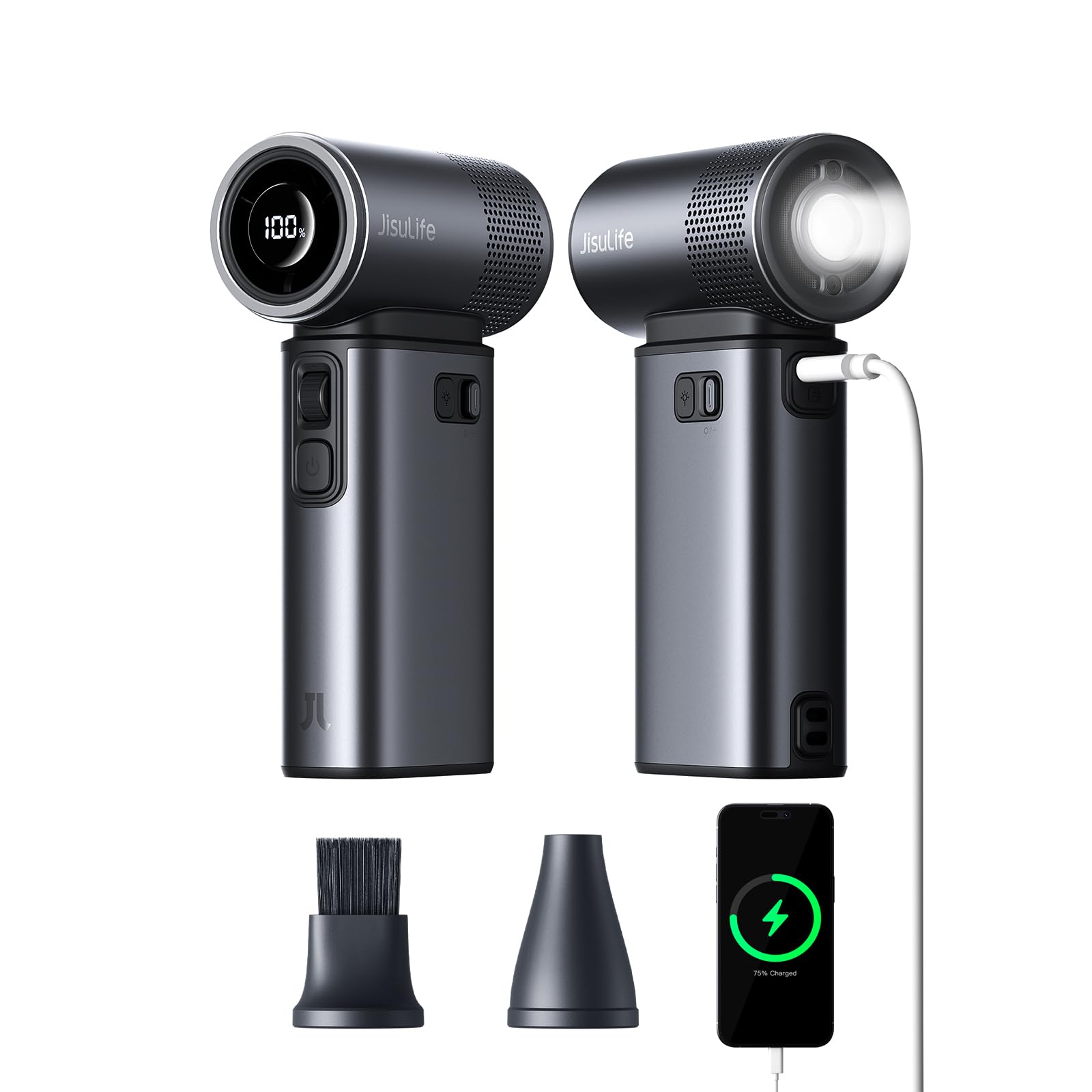 JISULIFE Portable Handheld Fan Ultra2 9000mAh, Max 25 Hrs, 5 IN 1, 100 Speed Turbo Fan, Rechargeable 18W Power Bank with Flashli