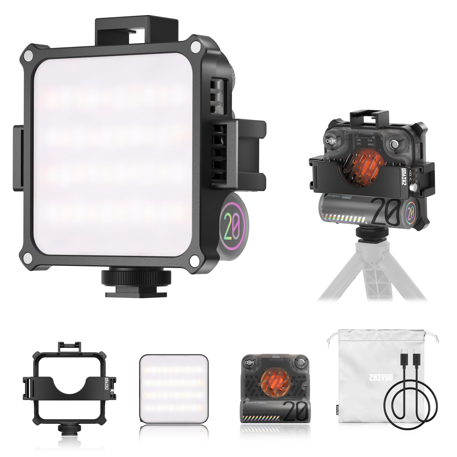 Zhiyun Fiveray M20 Bicolor Video Light, 20W Portable Camera Light, Tlci 97+, Temperature 2700K 6500K With 9 Light Effects, Suppo
