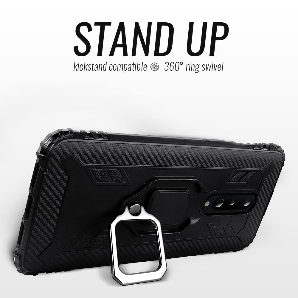 Shields Up OnePlus 8 Case - Carbon Fiber, Kickstand, Shockproof, Ultra Slim, Black, 10ft Drop Tested, Model CC-Kickstand-0001