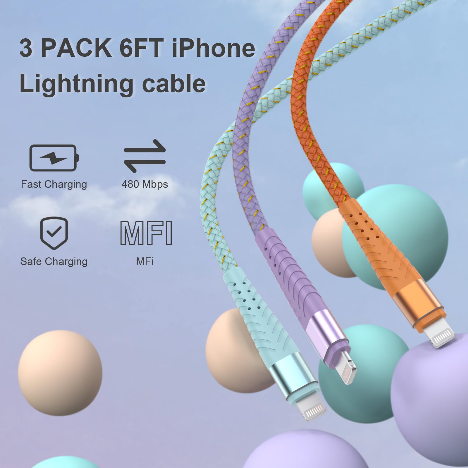 Cuanyeon Iphone Charger Fast Charging Lightning Cable 6Ft 3Pack[Apple Mfi Certified] Long Iphone Charger Cord Nylon Braided Usb