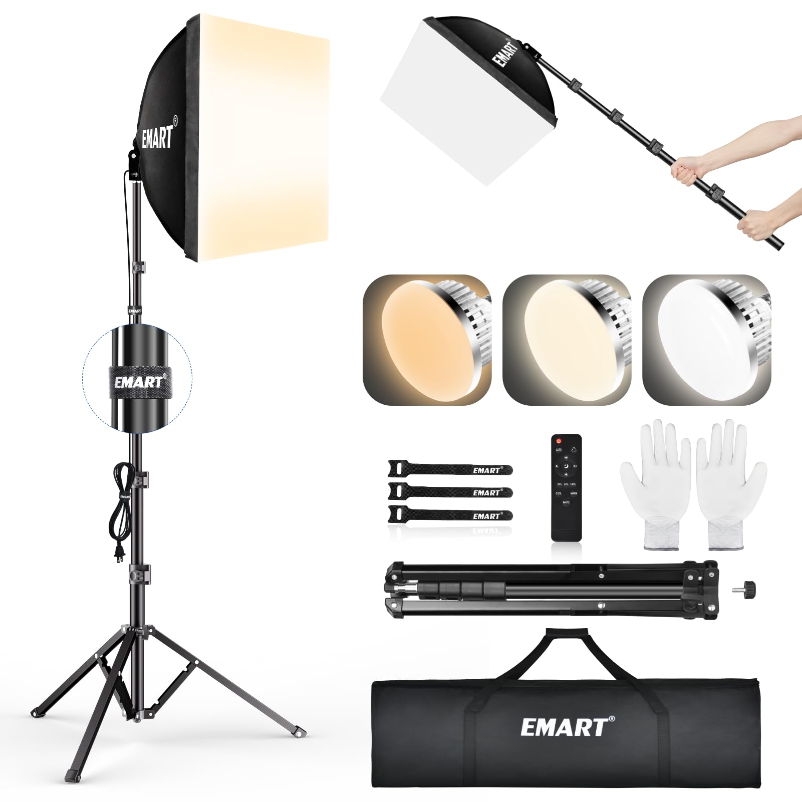 Emart Softbox Lighting Kit, 16''X16'' Soft Box | 3000K 6000K 85W Led Bulbs With Remote | 65'' Tripod, Professional Softbox Photo