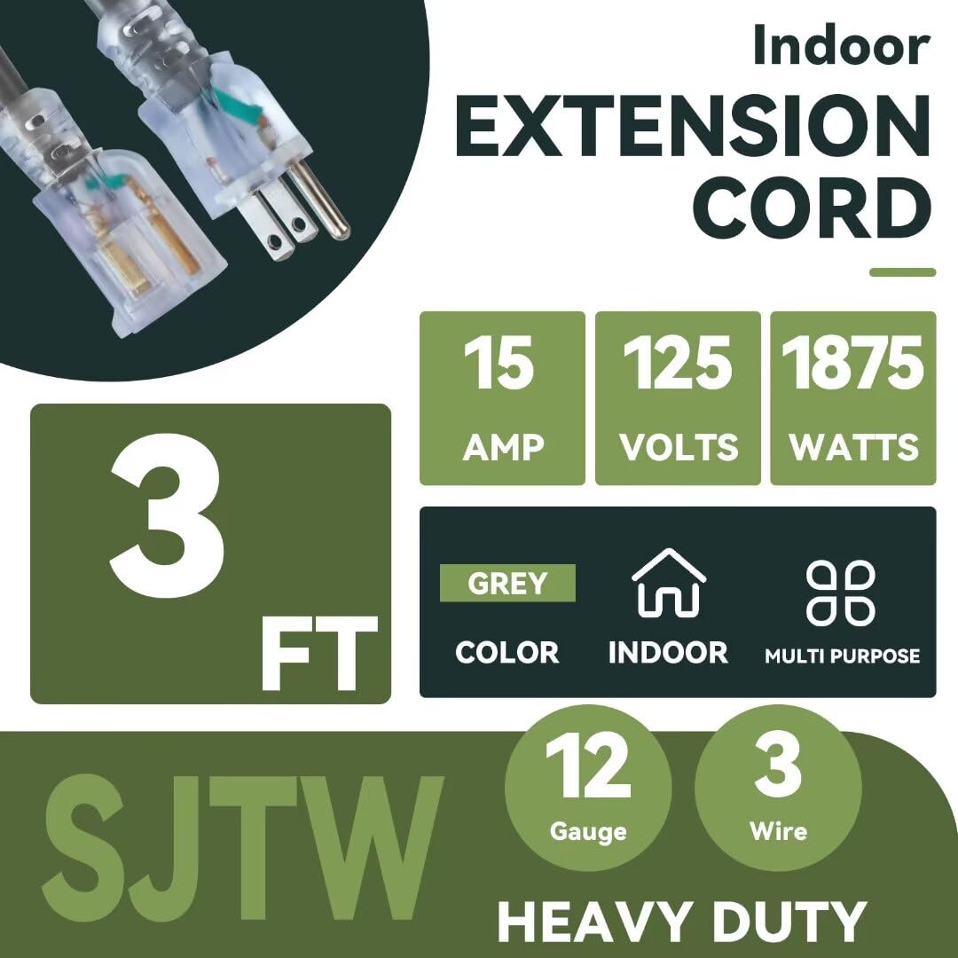 Fnxpow Indoor Extension Cord, 12 Gauge 3 Prong Weatherproof Heavy Duty Gray Extension Cord With Lighted Indicator End, Sjtw 15A