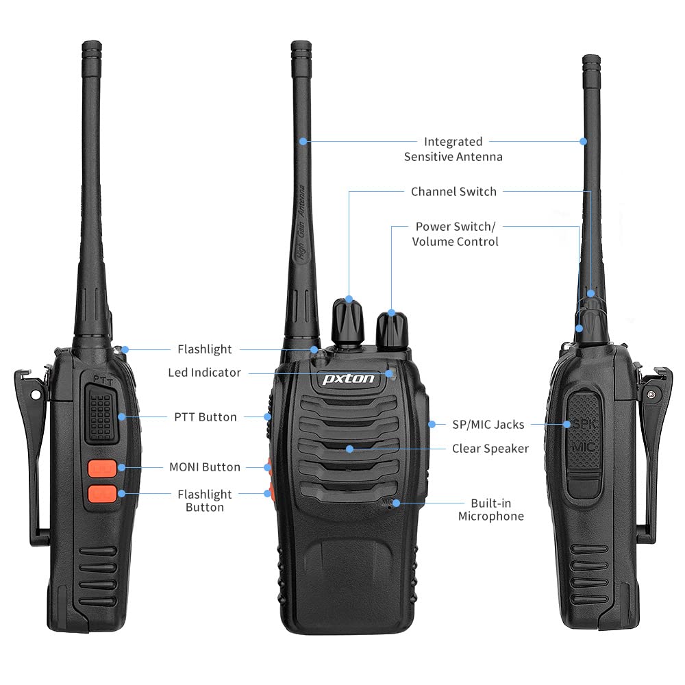 Pxton Rechargeable Walkie Talkies For Adults With Upgraded Earpieces And Li Ion Battery,Two Way Radios Has Vox/Tot/Emergency Ala