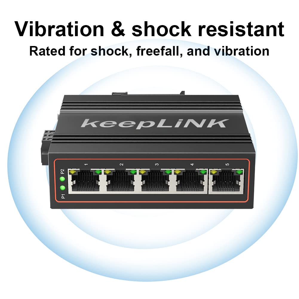 Keeplink 5 Port Industrial Ethernet Switch, Unmanaged 10/100Mbps Din Rail Network Switch, Ip40, Operating Temperature Range Of