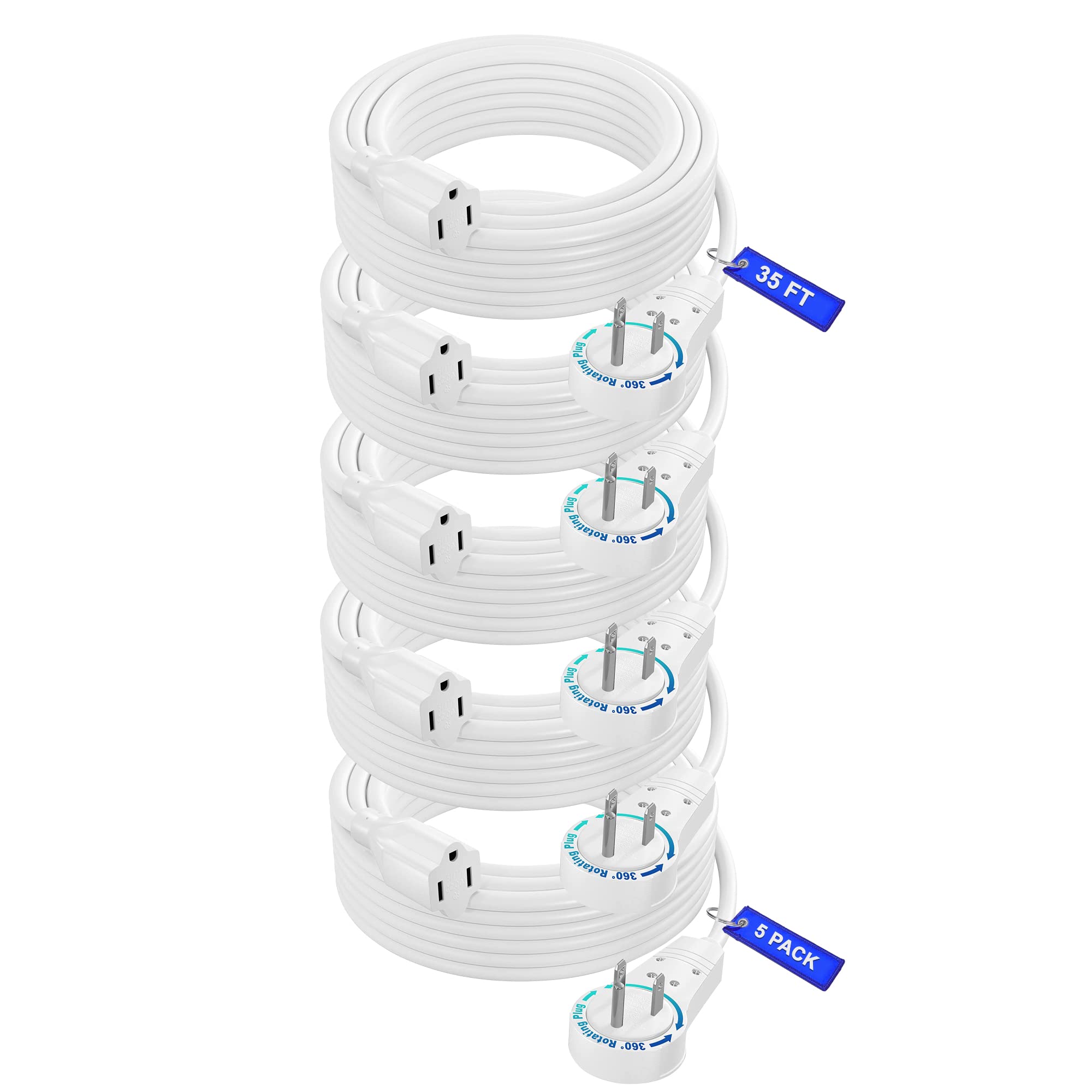 Maximm Extension Cord 35 Foot White Flat Plug, 360 Rotating Short Power Cord Single Outlet, Indoor 16 Gauge 3 Prong Grounded Wir