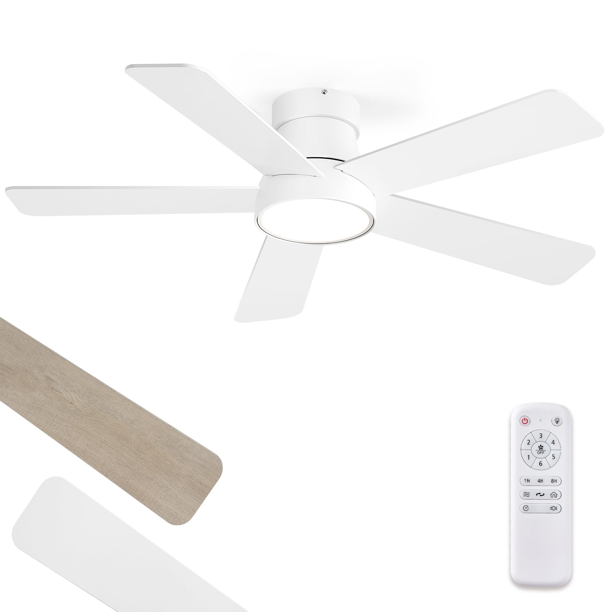 42 Inch Ceiling Fans With Lights And Remote,Outdoor Indoor Modern Flush Mount Ceiling Fan With 3Cct 6 Speed Quiet Dc Motor,White