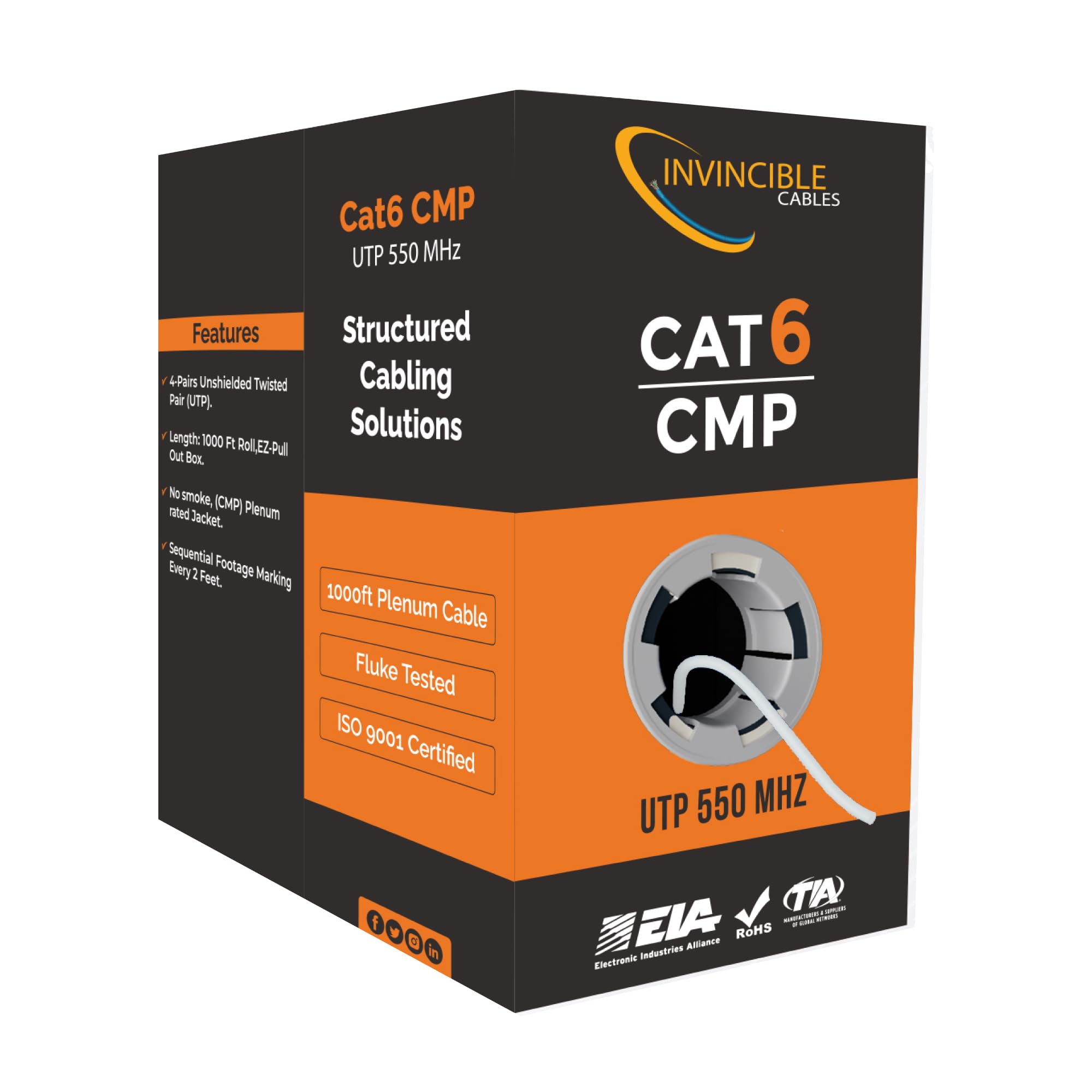 Cat6 Plenum (Cmp) 1000Ft Cable | Fluke Dsx 8000 Certified, Compatible For Longer Runs | 550 Mhz, 23Awg, 4 Pair, Utp | The Us'S M