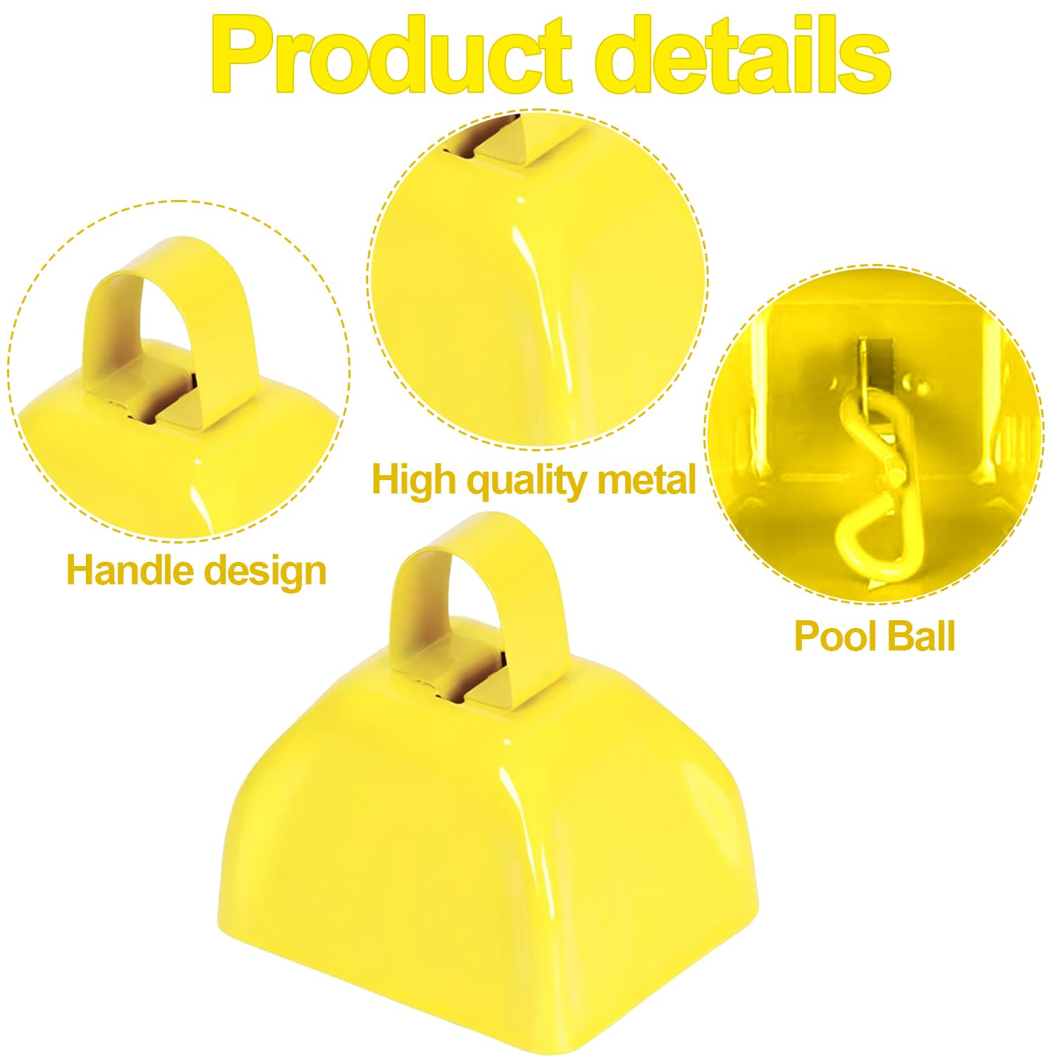 15 Pack 3 Inch Metal Cowbell Noisemaker Cheering Bell Yellow Cowbells For Sporting Events Bulk Loud Cow Bell With Handles, Small
