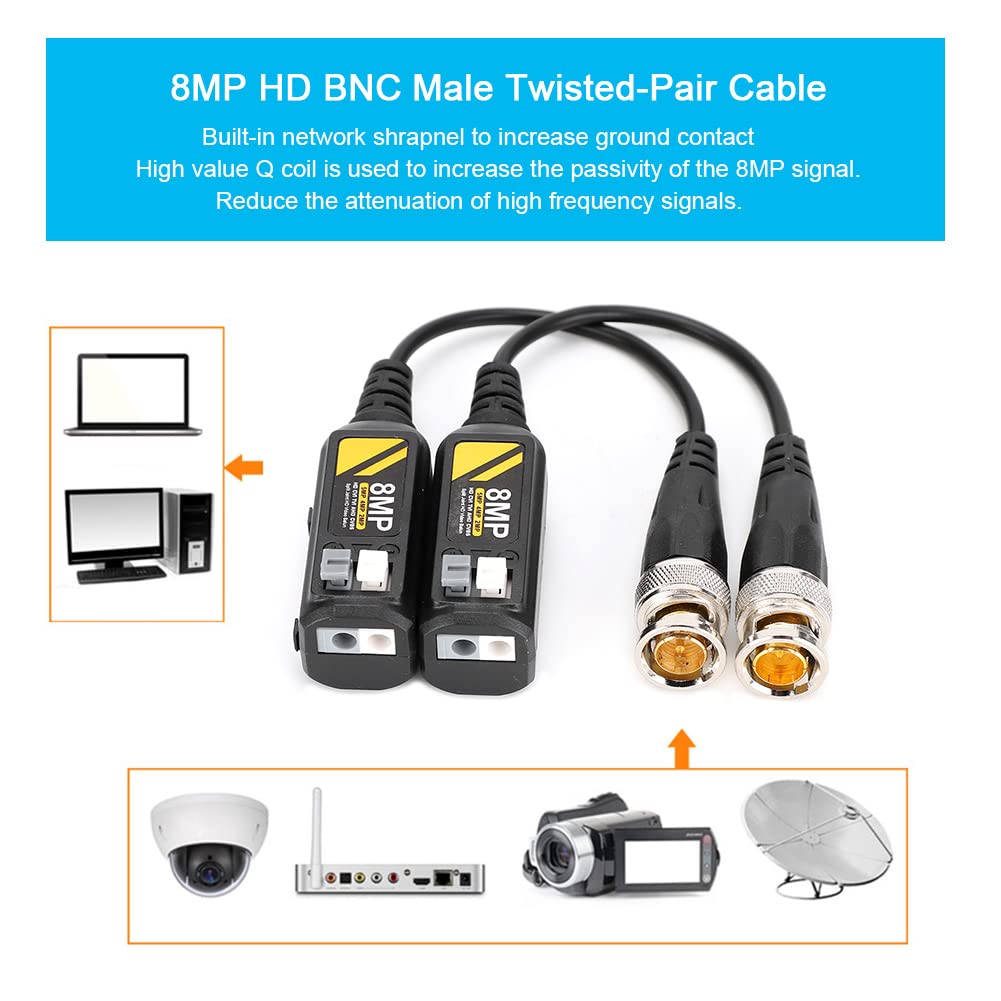 Dioche Video Balun Connectors, 2 Pair Video Balun Transceiver Cable For Bnc Male Cable Male Twisted Pair Transmitter Cable 8Mp Hd Cvi Ahd Tvi Cvbs Bnc