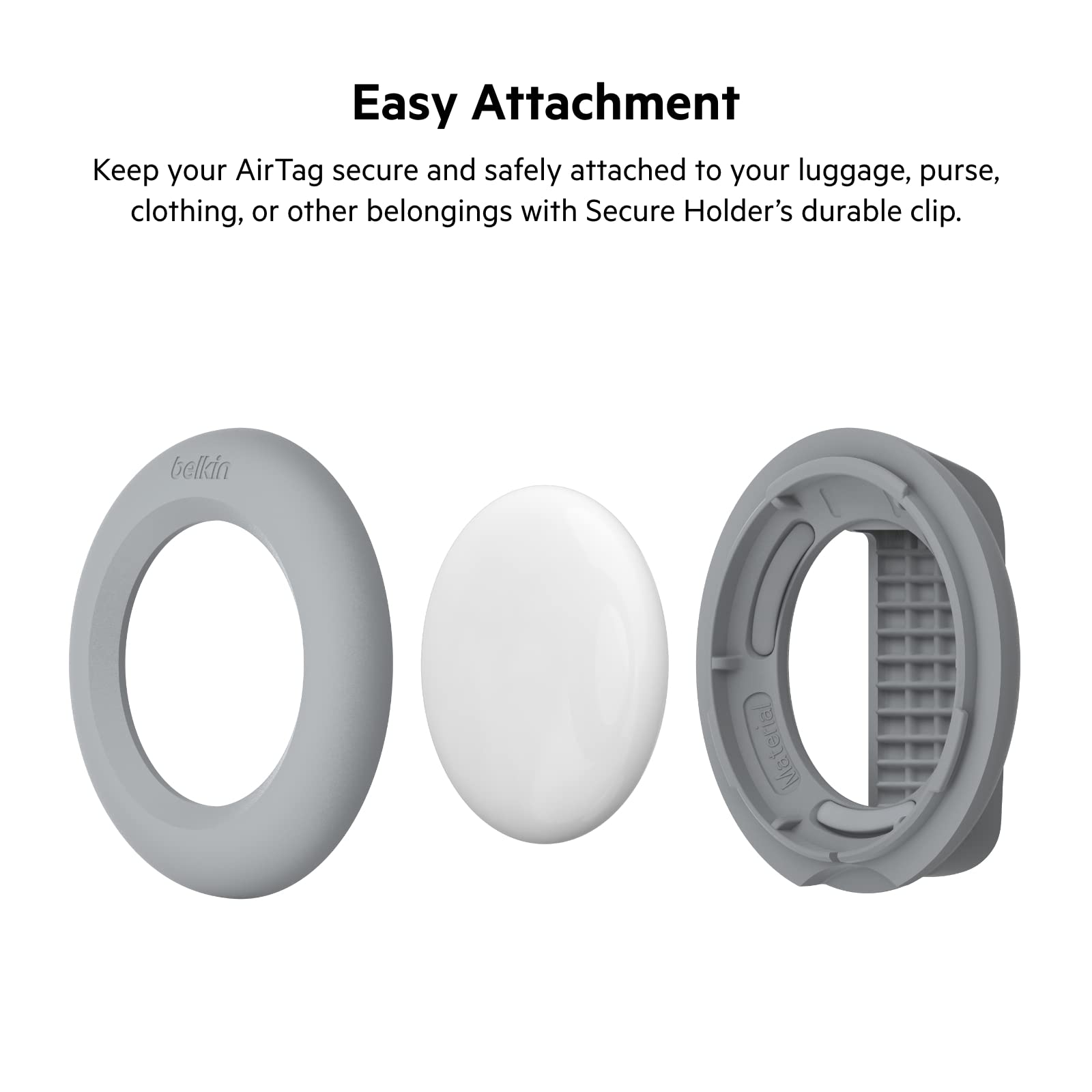 Belkin Apple AirTag Secure Holder with Clip   AirTag Holder   Durable Scratch Resistant AirTag Case   Apple Air Tag Case with Spring Loaded Clip   Attach to Backpack, Clothing, & Luggage   Light Gray