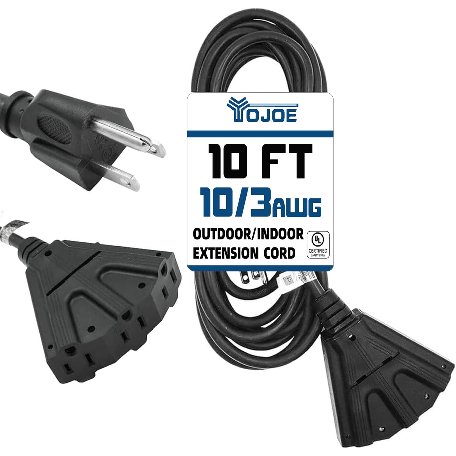 Yojoe 3 Outlets Indoor Outdoor Extension Cord, 3 Prong 15A Weatherproof Power Cord Multiple Outlets, 10 Gauge Heavy Duty 10 Ft B