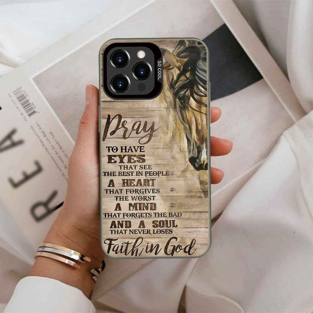 Wesbdn Horse Wood Grain Phone Case Compatible With Iphone 14 Pro Max - Faith In God - Non-Drop Cover - Shockproof Protective Cas