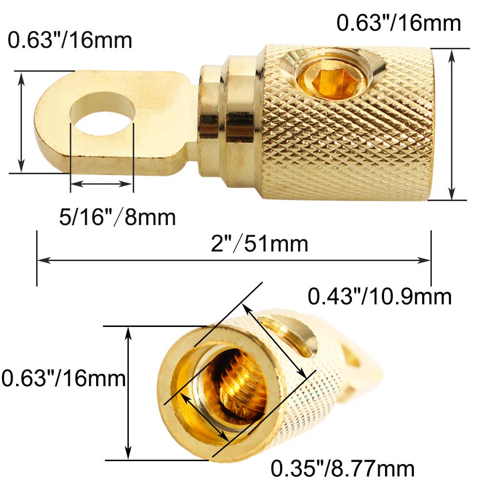 Car Audio Battery Terminal Connector Pure Brass Gold Plated 4 Gauge Car Audio Amp Input Reducers For 4 6 Gauge Wire 2Pcs
