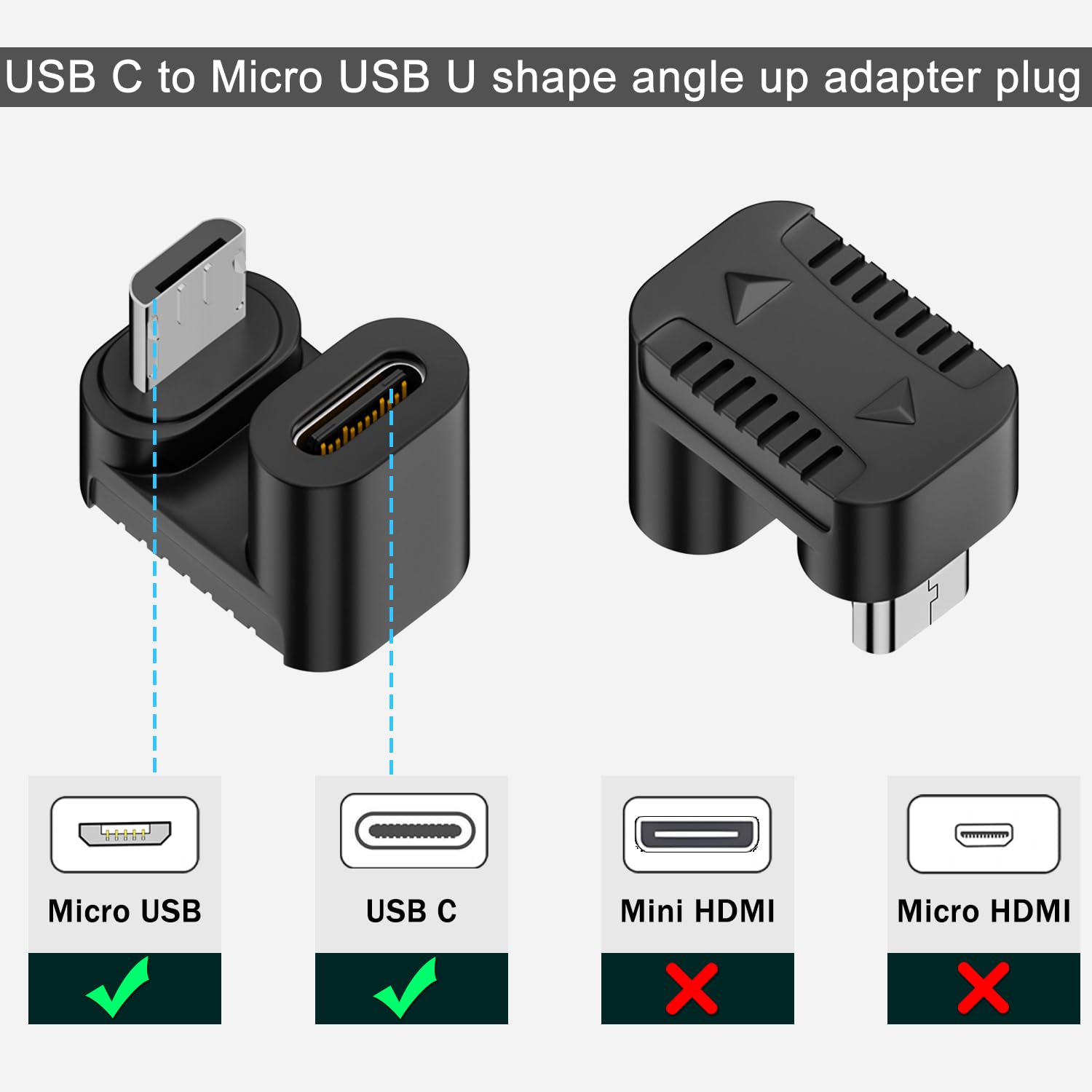 Qianrenon U Shaped Angle Usb C To Micro Usb Charging Data Adapter Plug Usb C Female To Micro Usb Male 180 Degree Angle Up Connector 10W (5V2A) 480Mbps, U Shape Pitch 5.4Mm, 2Pcs (Up)