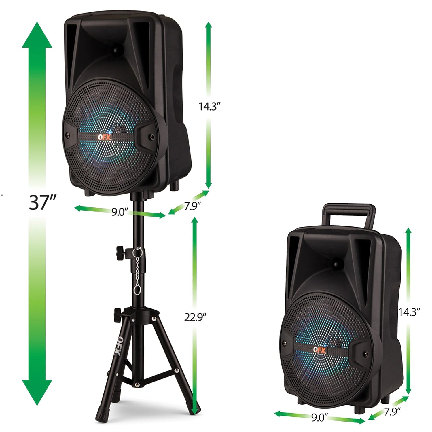 Qfx Pbx 800Tws 8 Inch Tws Bluetooth Stereo Pa System With 2 8' Speakers, 2 Microphones, 2 Stands, And A Remote Control