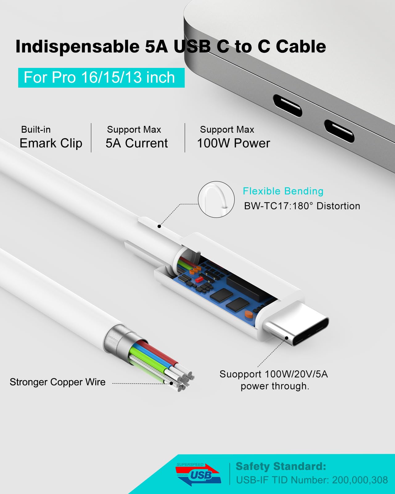 Charger For Macbook Pro 10Ft, 96W Usb C Charger Power Adapter For Macbook Pro 16, 15, 14, 13 Inch 2024, 2023, 2022 2021, 2020, M1 M2 M3 Macbook Air, Led, 100W Usb C Cable Charging As Fast As Magsafe 3