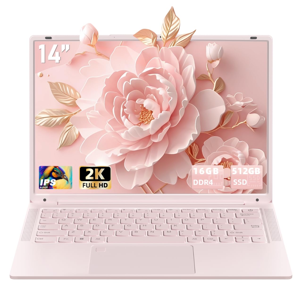 Nmybwo 14Pink Laptop 16GB DDR4 RAM 512GB SSD,2K UHD (2160 * 1440) IPS Display Laptop, N150 CPU (Up to 3.6 Ghz) Win 11 Portable